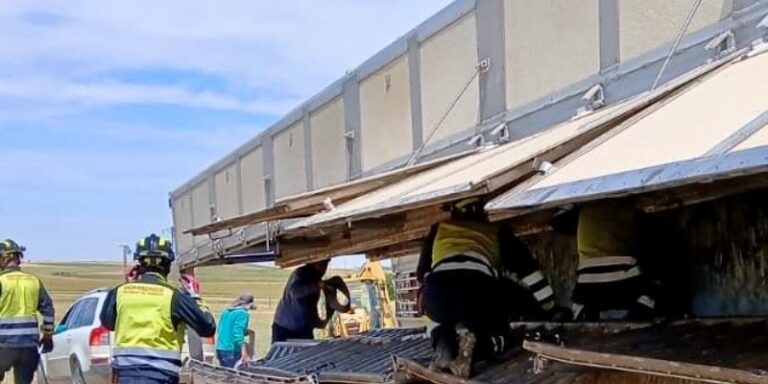 Herido el conductor de un camión que transportaba ganado porcino tras volcar en Medina de Rioseco